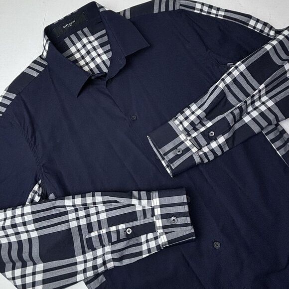 Givenchy Paris Button Up Shirt‎ Navy Check White 100% Cotton Mens 16/41 EUC